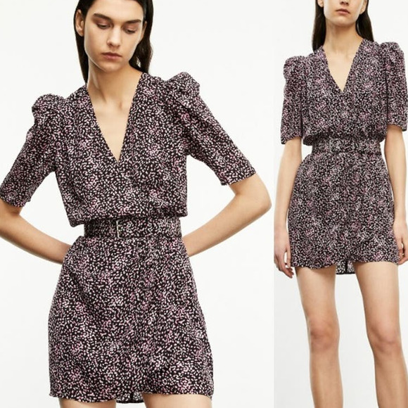 The Kooples Short Sleeve Patterned Wrap Mini Dress Pink Black Women's Size Small - Picture 1 of 8
